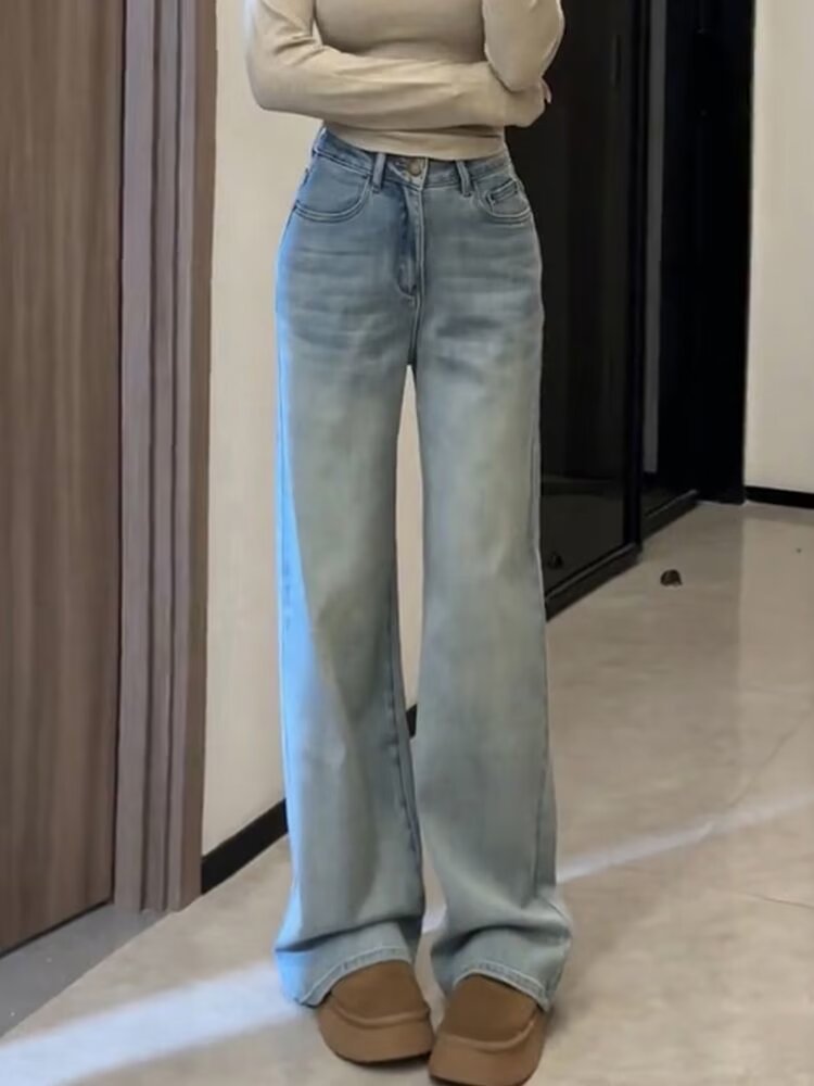 Women's New Y2K Streetwear Casual Denim Straight Leg Pants High Waisted V High Jeans with Contrasting Color Wide Leg Version