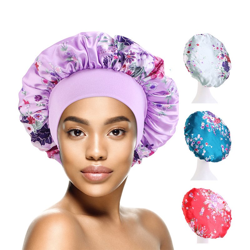 Wholesale Wide Brim Satin Head Wraps Turban Hair Bonnets Nightcap African Women Silky Shower Cap Sleeping Bonnets