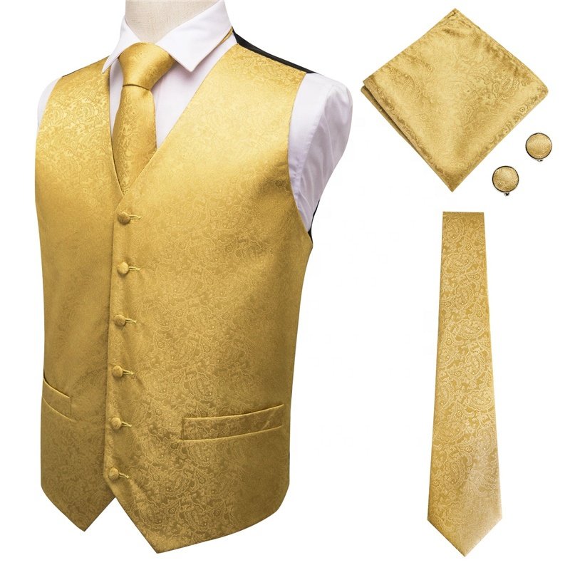 Casual V-neck Luxury Pure Golden Paisley Jacquard Silk Men's Vest Hanky Cufflinks Tie Set Waistcoat Suit Set