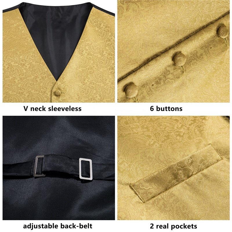 Casual V-neck Luxury Pure Golden Paisley Jacquard Silk Men's Vest Hanky Cufflinks Tie Set Waistcoat Suit Set