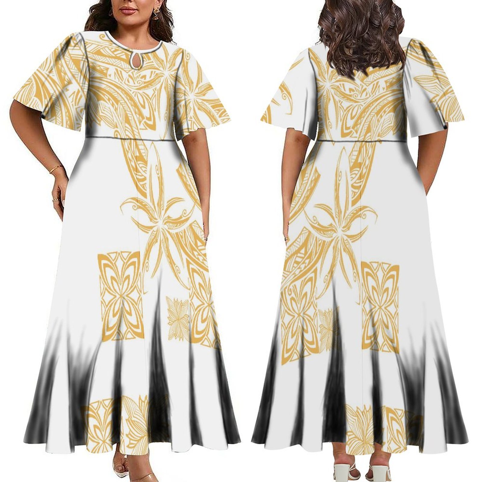 New Design Crew-Neck Pleated Swing Fit And Flare Maxi Dress Polynesian Tribal Plus Size Women Clothing Pacific Island Dress 202