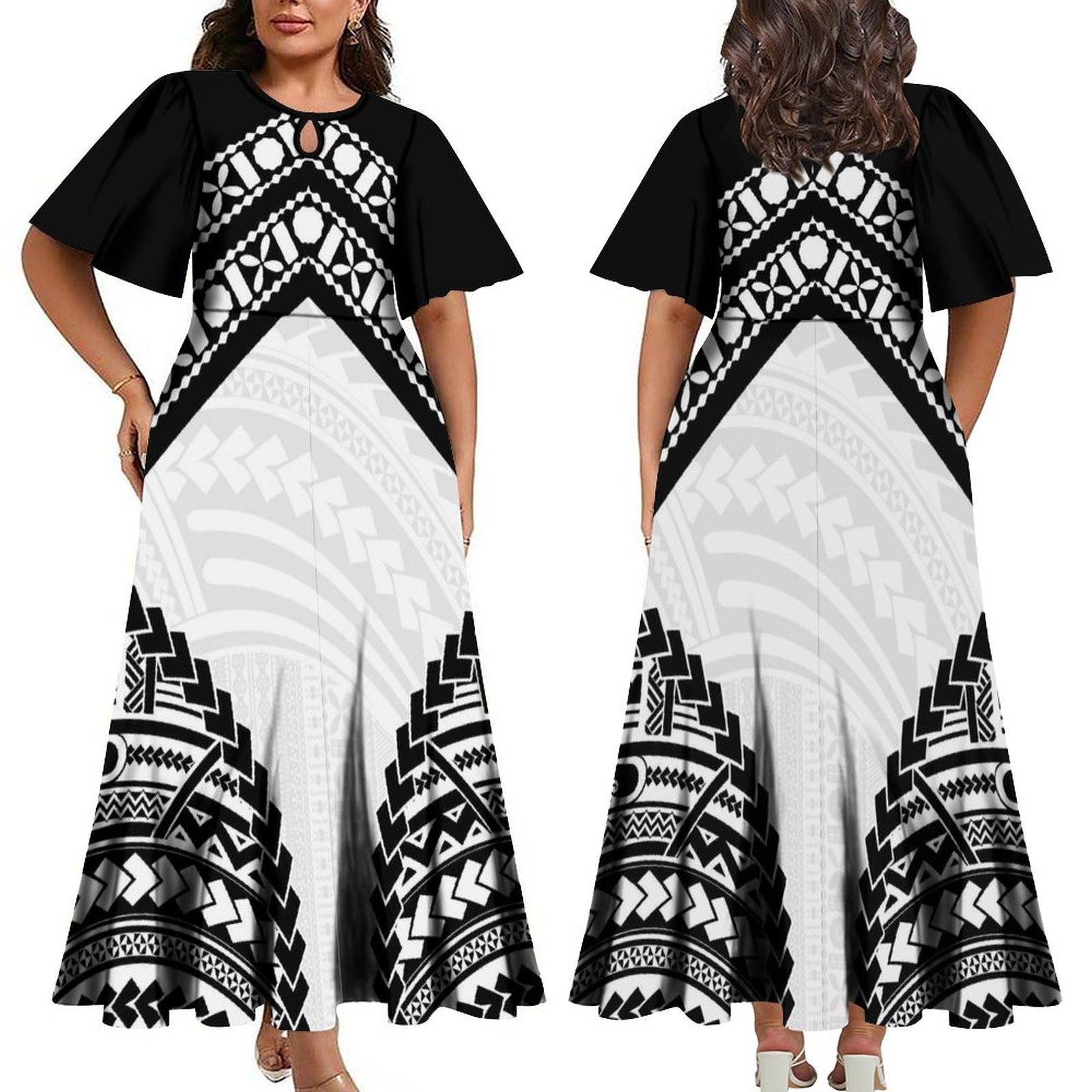 New Design Crew-Neck Pleated Swing Fit And Flare Maxi Dress Polynesian Tribal Plus Size Women Clothing Pacific Island Dress 202