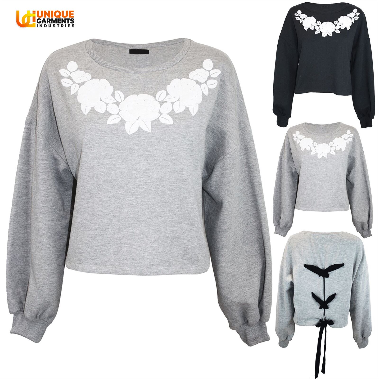 Factory Price Ladies Floral Baggy Long Sleeve Fleece Oversized Back Tie Knot Crop Top