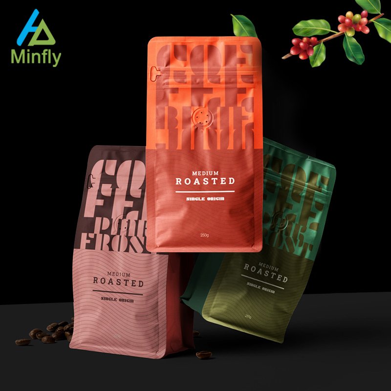 Minfly Digital Printing Custom Heat Mylar Gusset Stand Up Foil Flat Coffee and Coffee Bean Tea Bottom Zipper Valve Packaging Bag