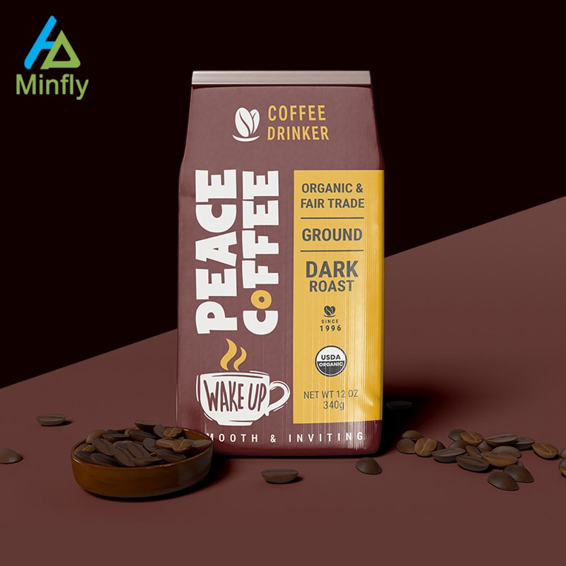 Minfly Digital Printing Custom Heat Mylar Gusset Stand Up Foil Flat Coffee and Coffee Bean Tea Bottom Zipper Valve Packaging Bag