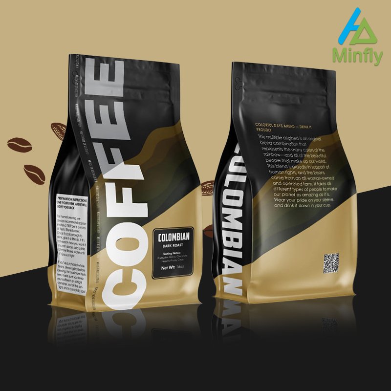 Minfly Digital Printing Custom Heat Mylar Gusset Stand Up Foil Flat Coffee and Coffee Bean Tea Bottom Zipper Valve Packaging Bag