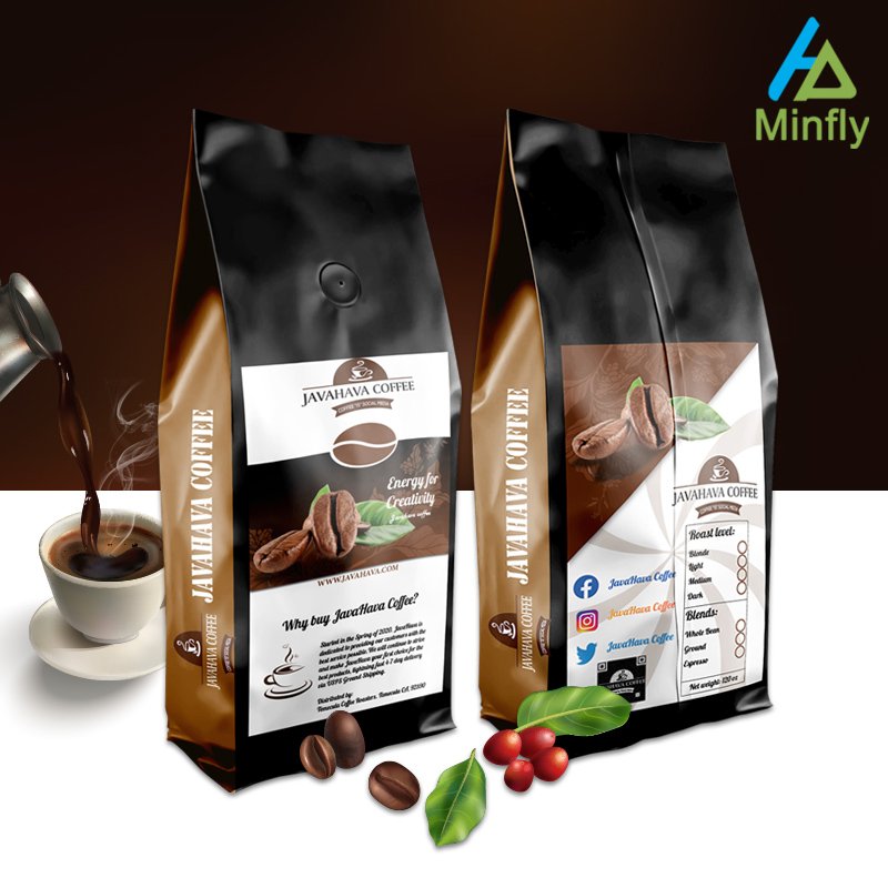 Minfly Digital Printing Custom Heat Mylar Gusset Stand Up Foil Flat Coffee and Coffee Bean Tea Bottom Zipper Valve Packaging Bag