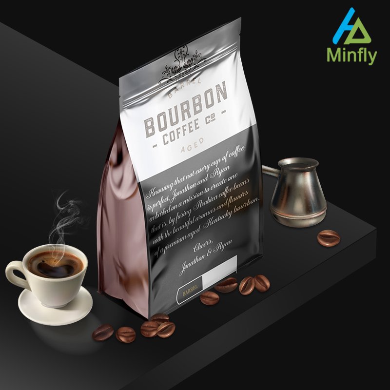 Minfly Digital Printing Custom Heat Mylar Gusset Stand Up Foil Flat Coffee and Coffee Bean Tea Bottom Zipper Valve Packaging Bag