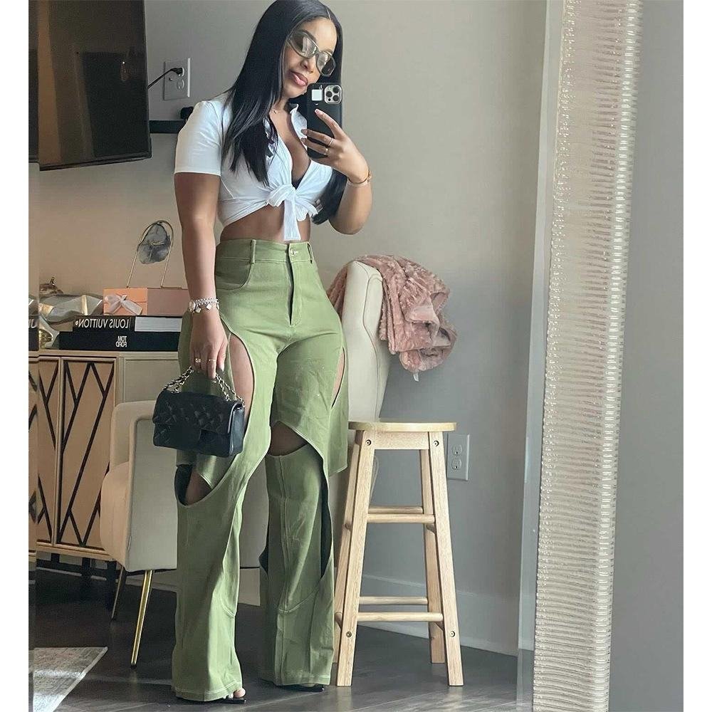 Cargo Pants Women'S Color Contrast Line Splicing Hollow-Out Design Sense Of Casual Spice Girl Fashion Wear With Loose Pants