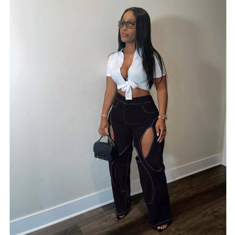 Cargo Pants Women'S Color Contrast Line Splicing Hollow-Out Design Sense Of Casual Spice Girl Fashion Wear With Loose Pants