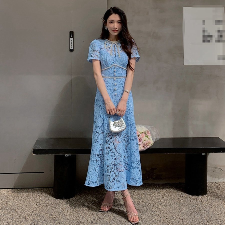 American Women's Long Dress Summer New Doll Neck Short Sleeve Waist Lace Dress