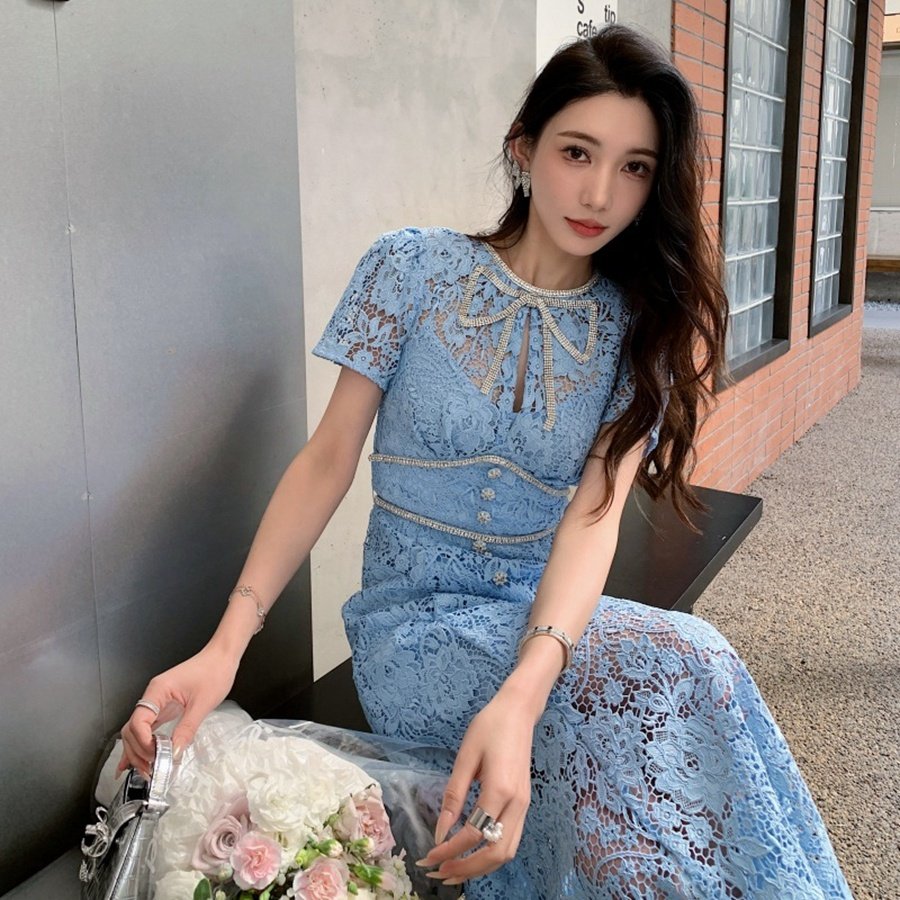 American Women's Long Dress Summer New Doll Neck Short Sleeve Waist Lace Dress