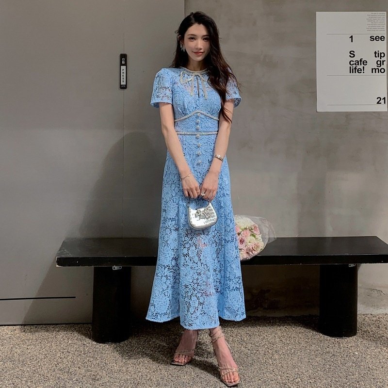 American Women's Long Dress Summer New Doll Neck Short Sleeve Waist Lace Dress