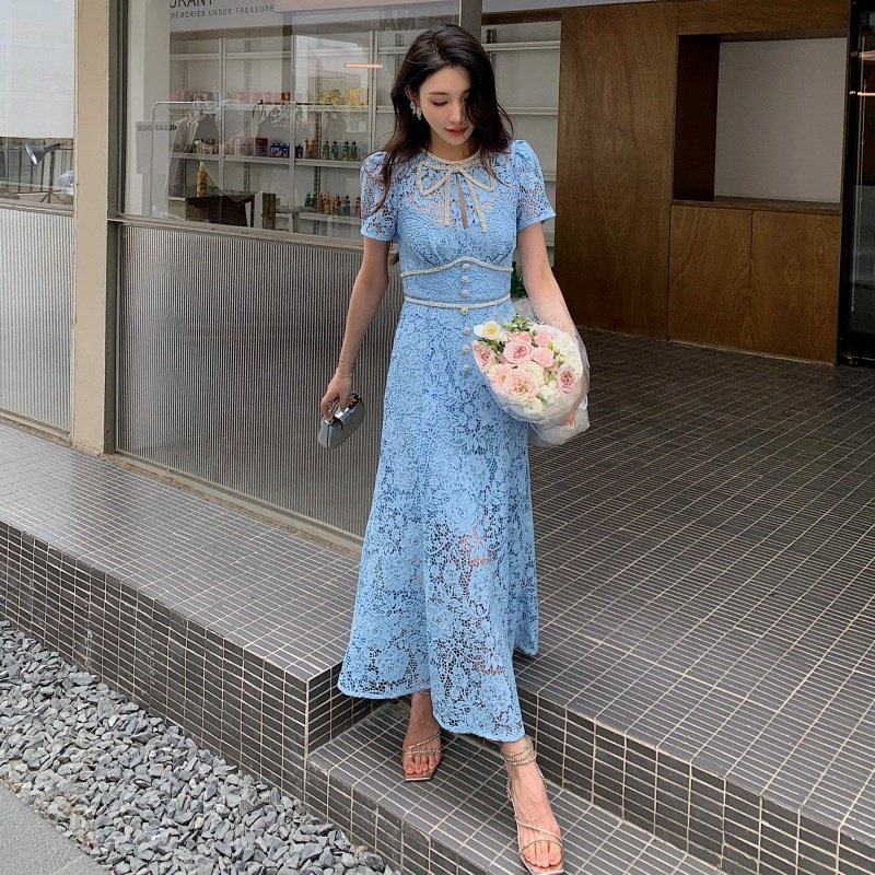 American Women's Long Dress Summer New Doll Neck Short Sleeve Waist Lace Dress