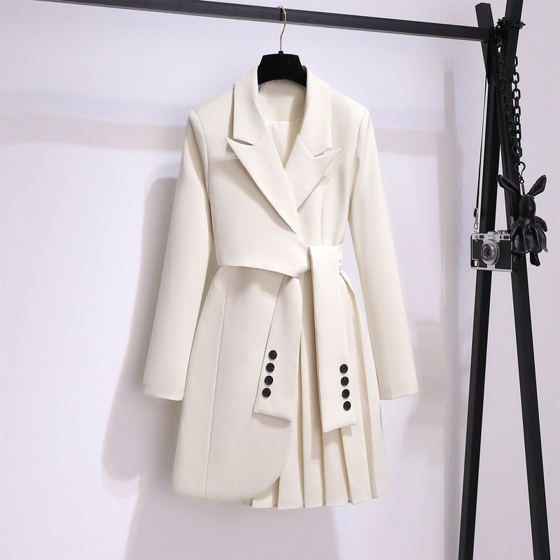 Women Long Sleeve Notched Pleated Irregular Mini Vestidos 2024 Autumn Office Sashes Bandage Waist Tie Blazer Dress