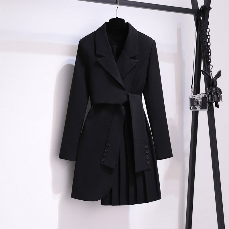 Women Long Sleeve Notched Pleated Irregular Mini Vestidos 2024 Autumn Office Sashes Bandage Waist Tie Blazer Dress
