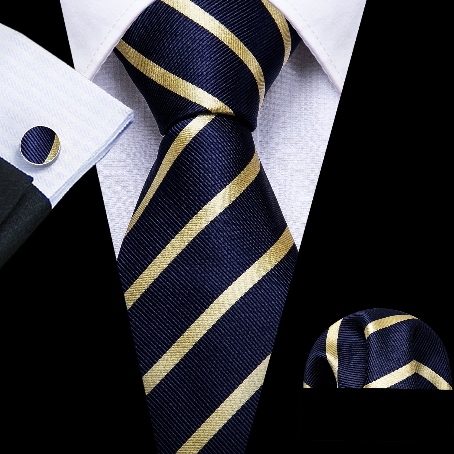 Custom Design Fashion Classical Formal Navy Blue Yellow Men Striped Necktie Mens Silk Ties