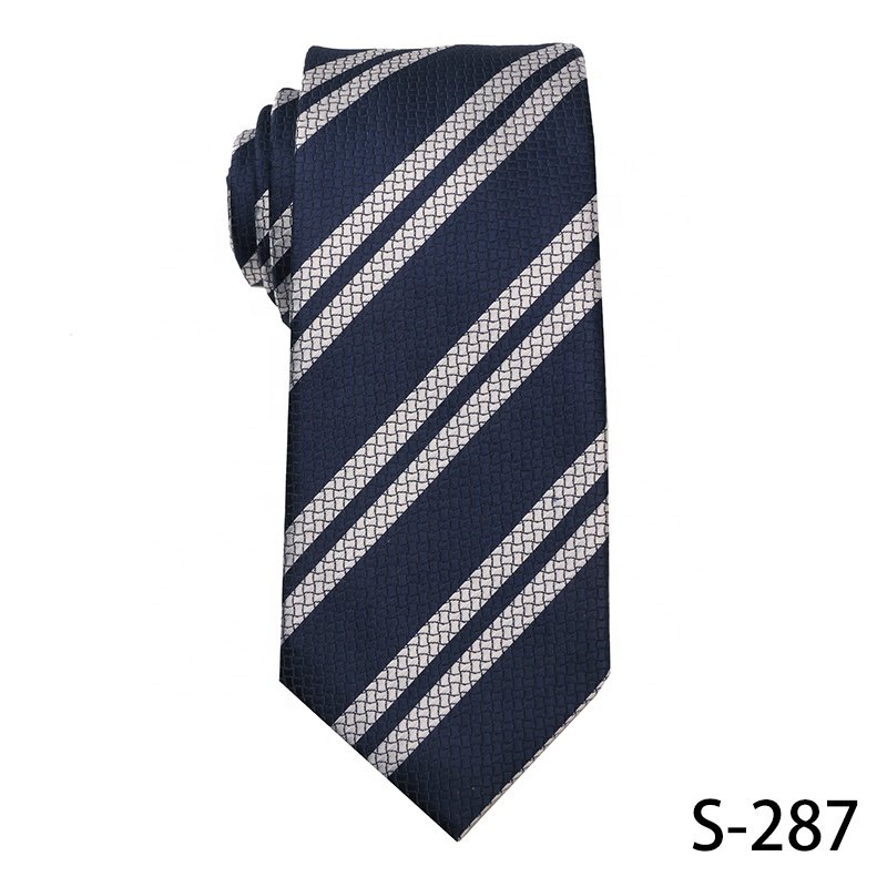 2024 Fashion High Quality Hand Made Flower Polyester Mens Ties Navy Blue Striped Designs Custom Made Silk Ties for Man
