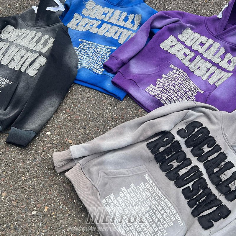 Custom Acid Washed Vintage Oversized 500 Gsm Unisex Hoodie Pullover Distressed Embroidery Applique Men's Hoodies Sweatshirts