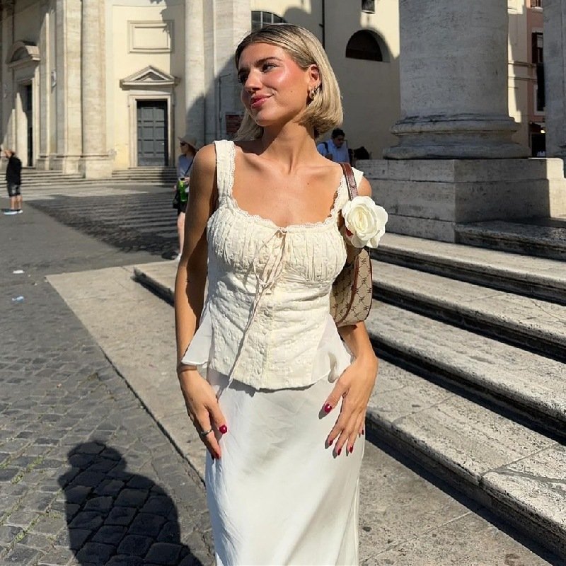 Vintage Embroidered Elegant 2-piece Sets For Women Lace Top and Long Skirt Sets Summer White Party Outfits For Women 2914