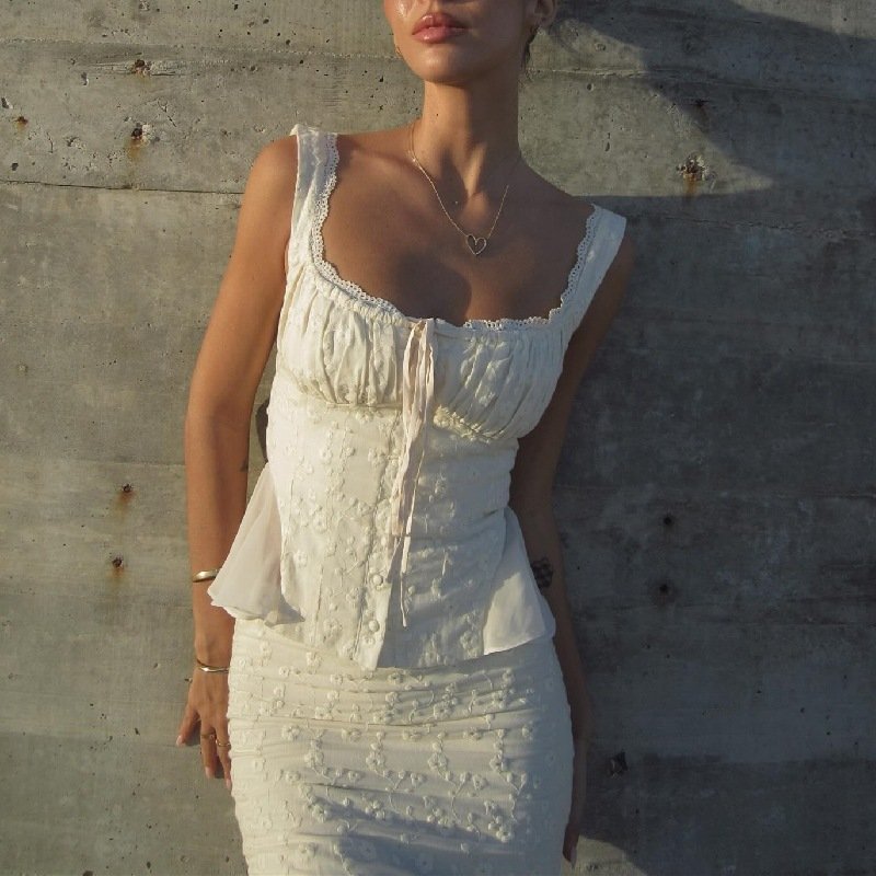 Vintage Embroidered Elegant 2-piece Sets For Women Lace Top and Long Skirt Sets Summer White Party Outfits For Women 2914