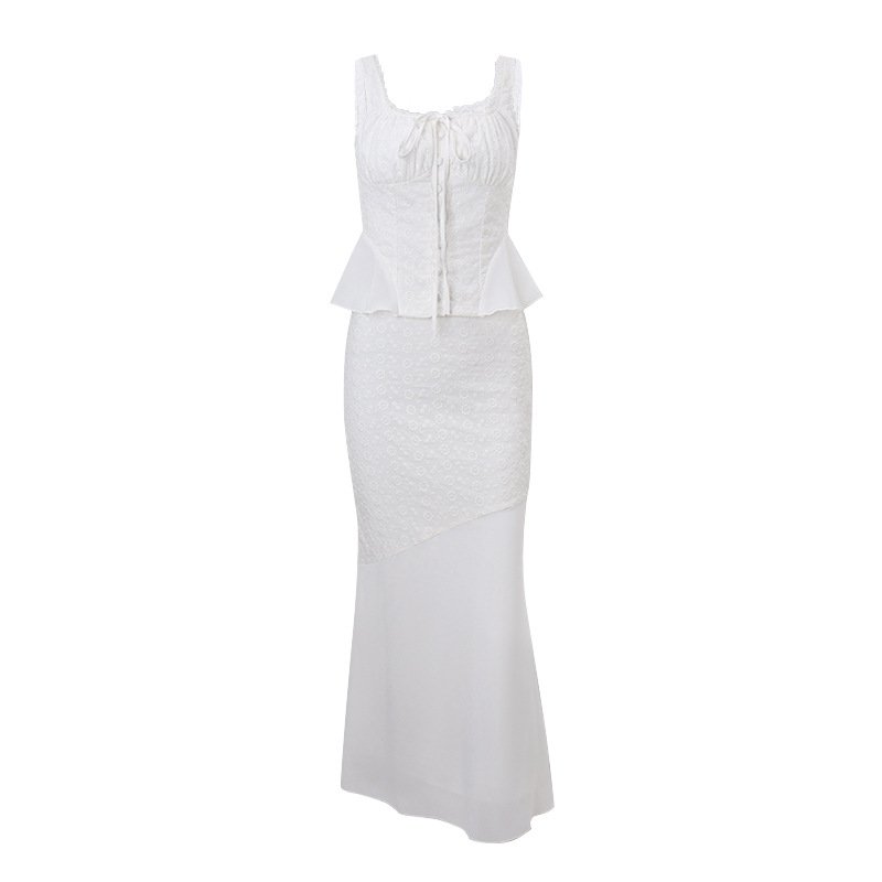 Vintage Embroidered Elegant 2-piece Sets For Women Lace Top and Long Skirt Sets Summer White Party Outfits For Women 2914