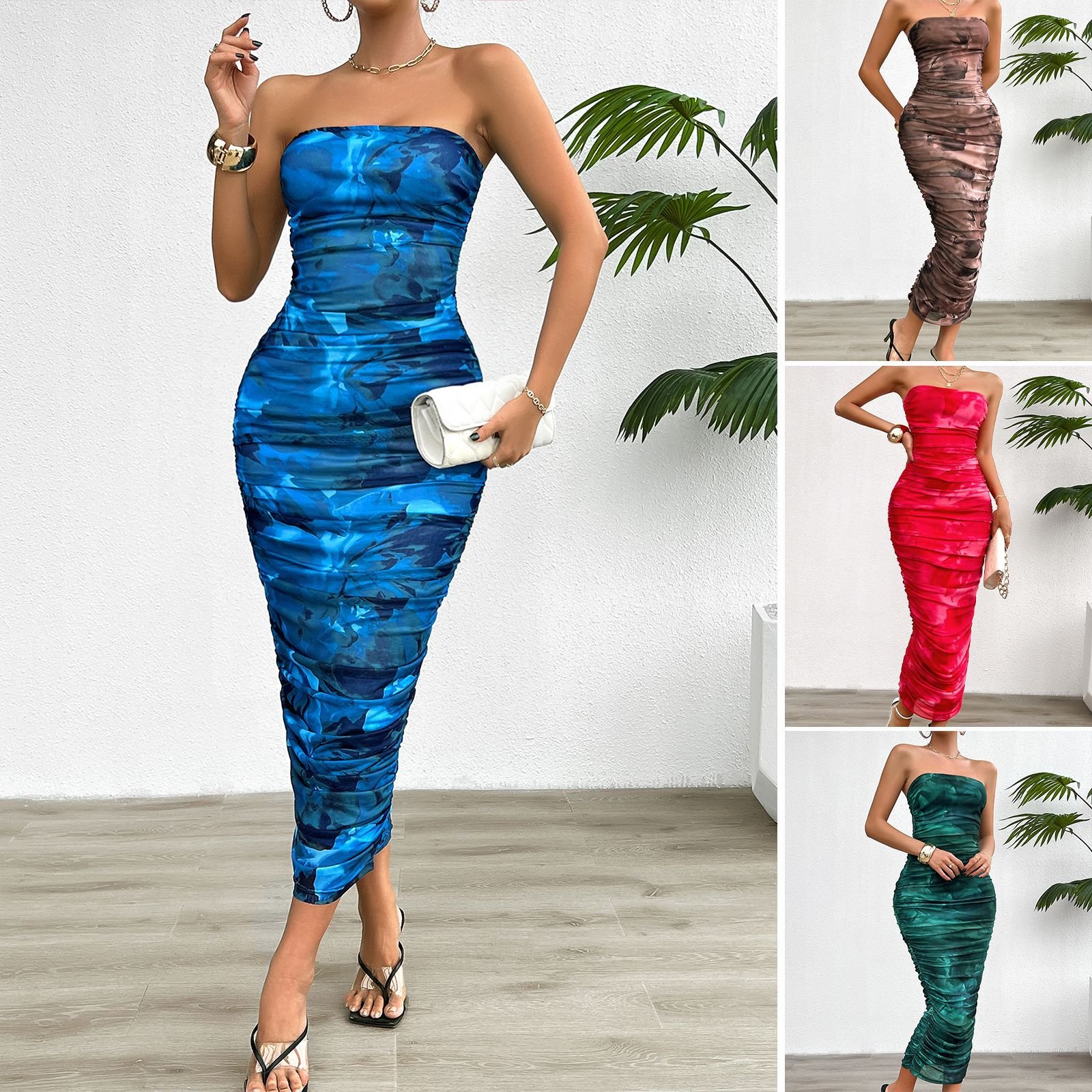 Y2K Off Shoulder Strapless Sexy Dress Shirring Tie Dye Print Mesh Long Dress for Women Elegant Lady Bodycon Vestidos
