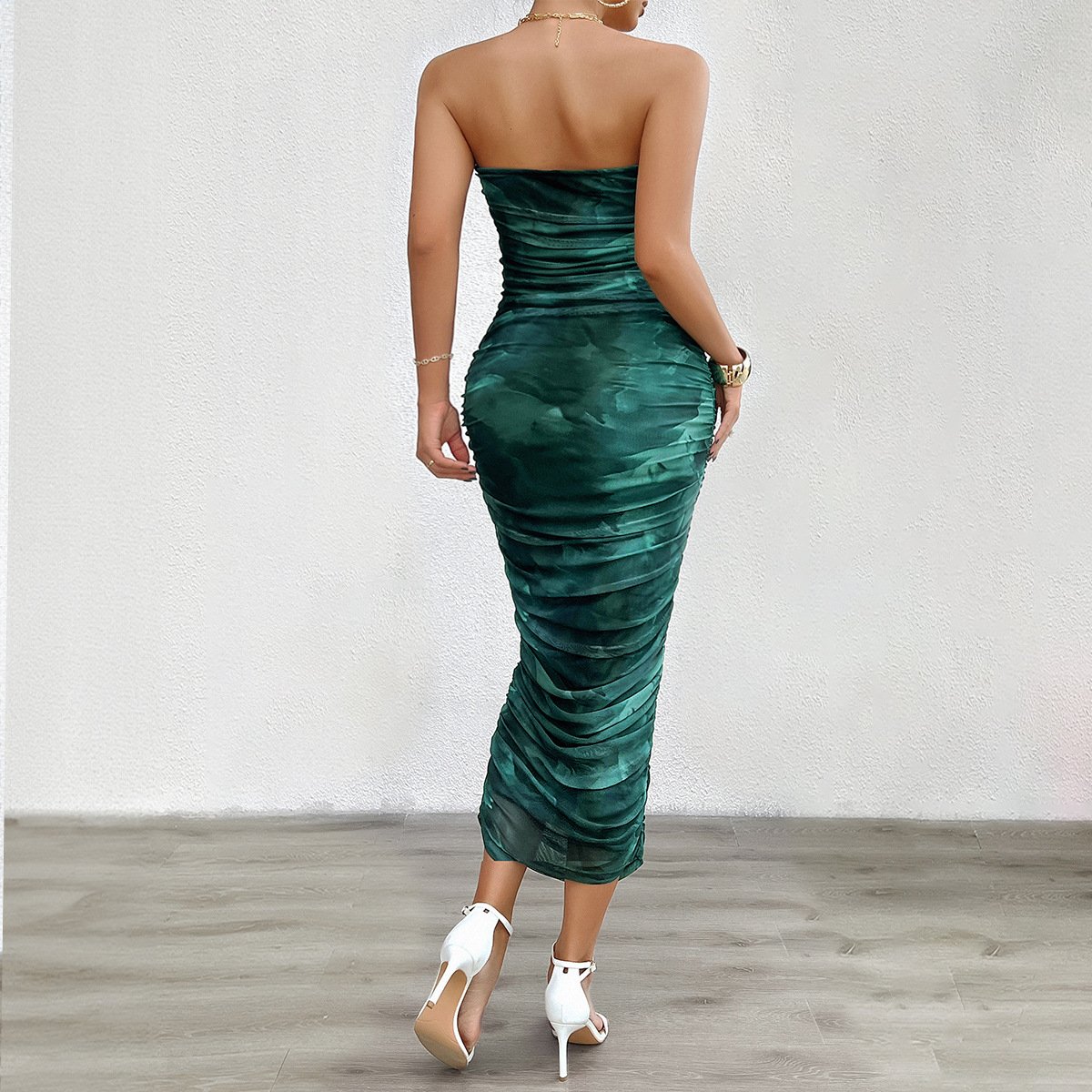 Y2K Off Shoulder Strapless Sexy Dress Shirring Tie Dye Print Mesh Long Dress for Women Elegant Lady Bodycon Vestidos