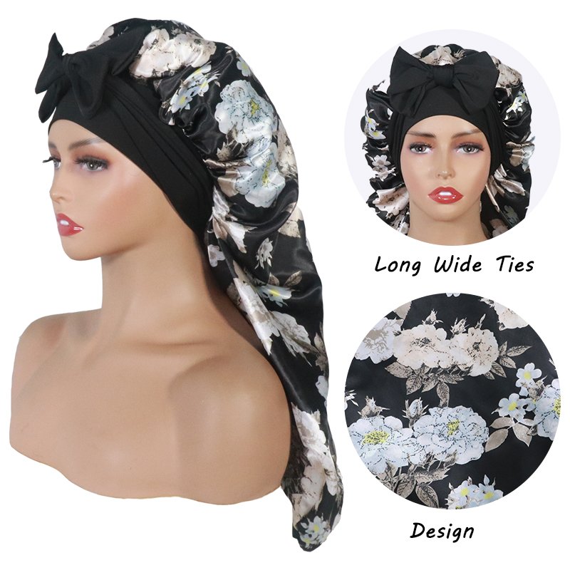 Tiktok Teal Purple Wide Side Long Tube Hair Protect Long Tail Milk Silk Straps Floral Printed Satin Sleeping Barid Bonnets