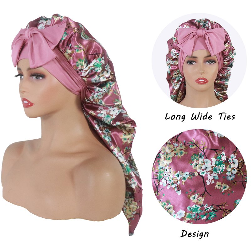 Tiktok Teal Purple Wide Side Long Tube Hair Protect Long Tail Milk Silk Straps Floral Printed Satin Sleeping Barid Bonnets