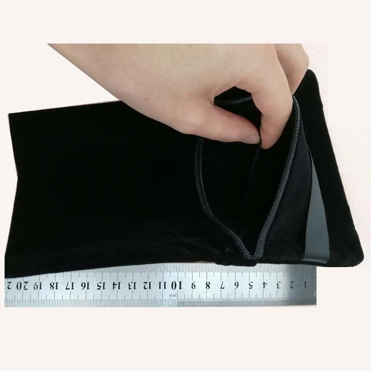 Black suede velvet bag with zipper custom logo printed drawstring velvet Jewelry Pouch bag packaging