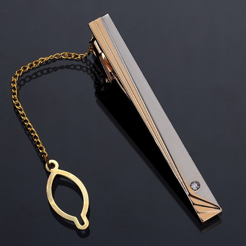 Trendy Men's Metal Simple Necktie Tie Bar Clasp Clip Clamp Pin Silver Gold Color With Chain
