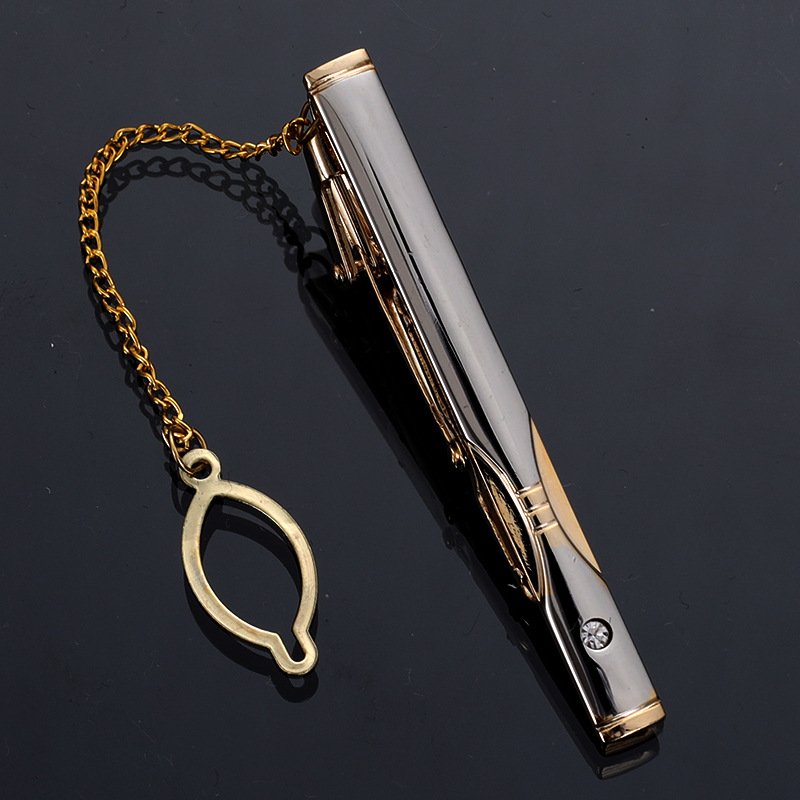 Trendy Men's Metal Simple Necktie Tie Bar Clasp Clip Clamp Pin Silver Gold Color With Chain