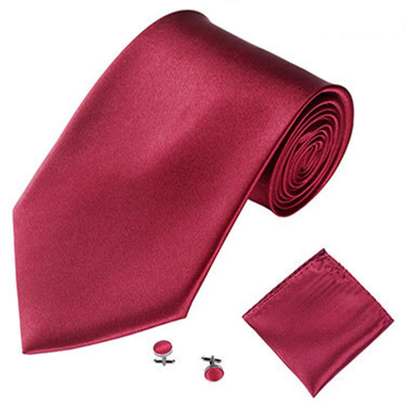 Mens Tie Cuff Link Pocket Square Set Neck Tie Solid Color Groom Ties 10cm Wide Neckties