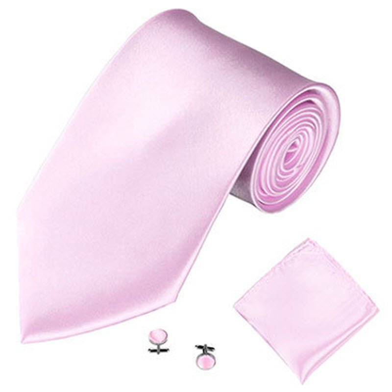 Mens Tie Cuff Link Pocket Square Set Neck Tie Solid Color Groom Ties 10cm Wide Neckties