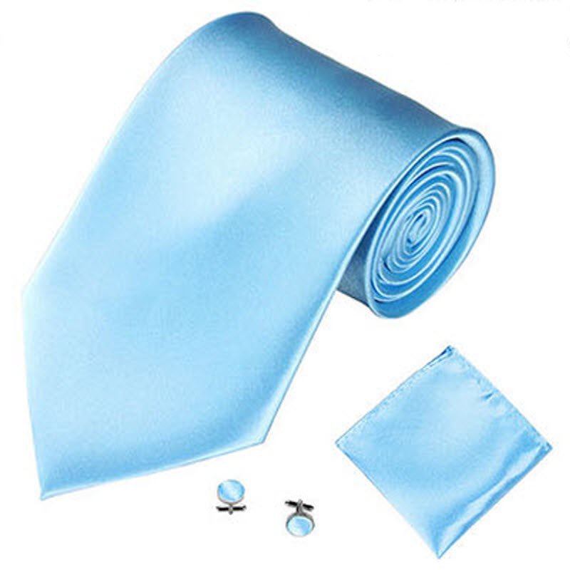 Mens Tie Cuff Link Pocket Square Set Neck Tie Solid Color Groom Ties 10cm Wide Neckties