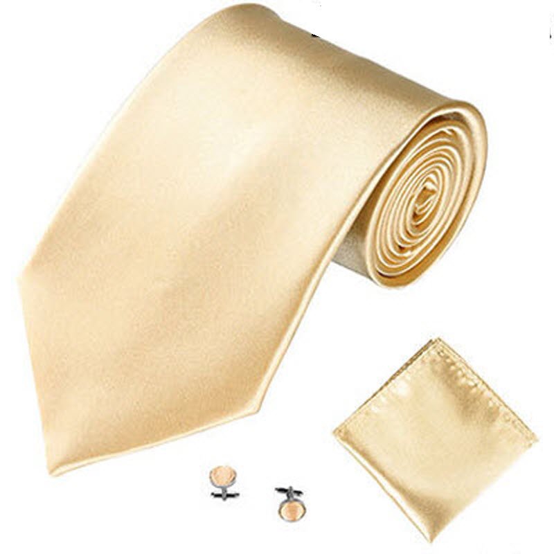 Mens Tie Cuff Link Pocket Square Set Neck Tie Solid Color Groom Ties 10cm Wide Neckties