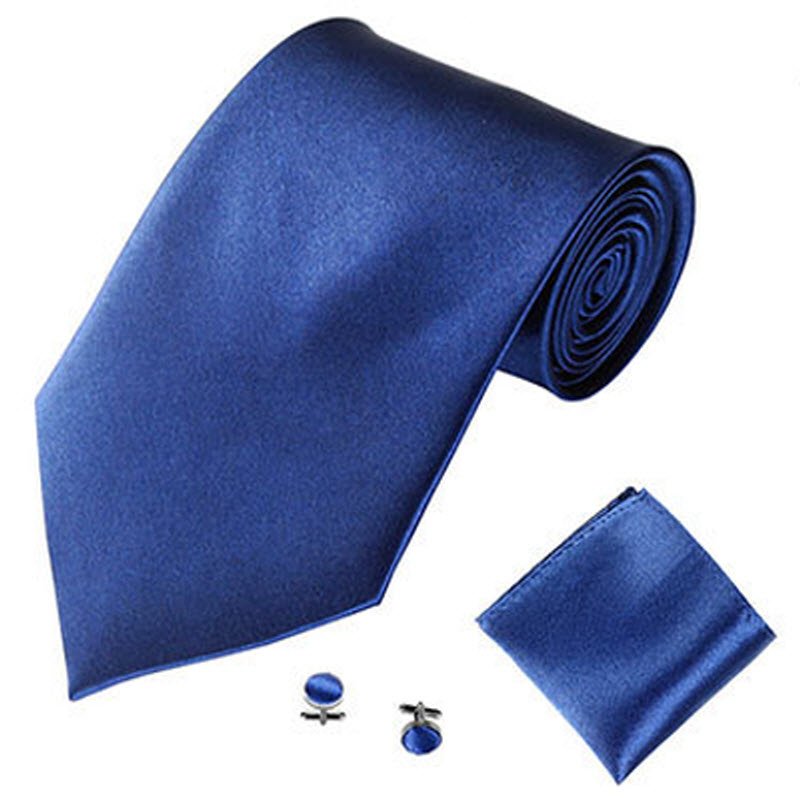 Mens Tie Cuff Link Pocket Square Set Neck Tie Solid Color Groom Ties 10cm Wide Neckties