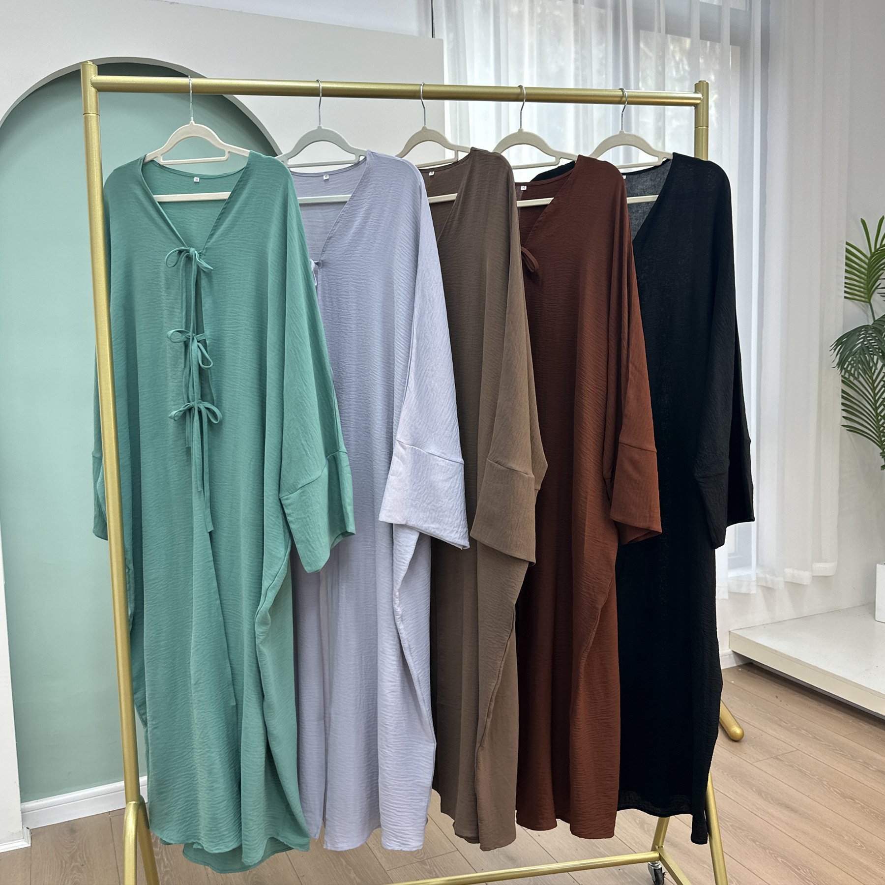Loriya Solid Color Modest Crepe Trend Abaya 2025 Oversized Cutting Bow Tie Kimono Open Abaya Women Clothing Muslim Dubai Dress