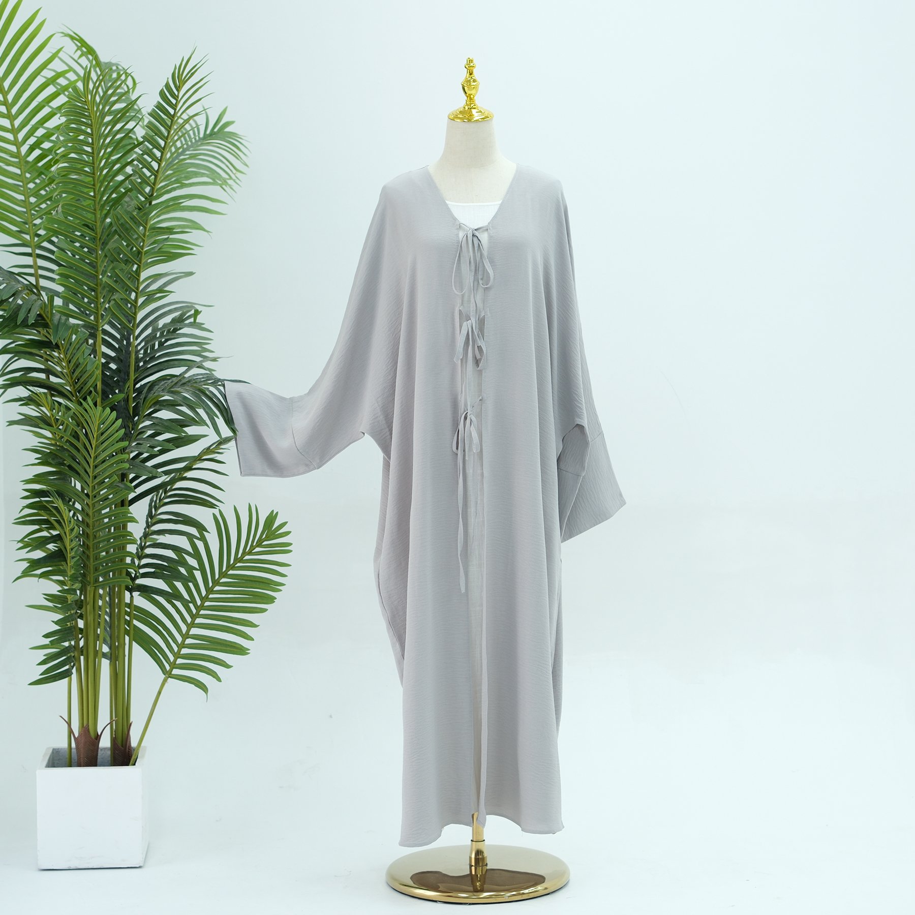 Loriya Solid Color Modest Crepe Trend Abaya 2025 Oversized Cutting Bow Tie Kimono Open Abaya Women Clothing Muslim Dubai Dress