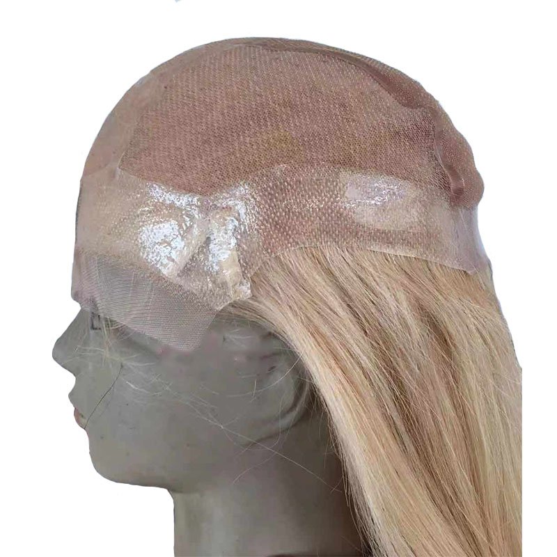 High Quality 100% Human Hair Silicon Medical Wigs Blonde for White Hand Tied PU Women Brazilian Hair Full Lace Wig Light Brown