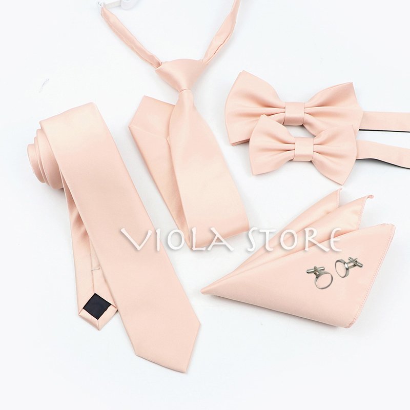 6 PCS Top Hot Color Green Pink Blue Polyester Solid 6cm Tie Set Men Kids Wedding Bowtie Hankie Party Gift Cravat Shirt Accessory