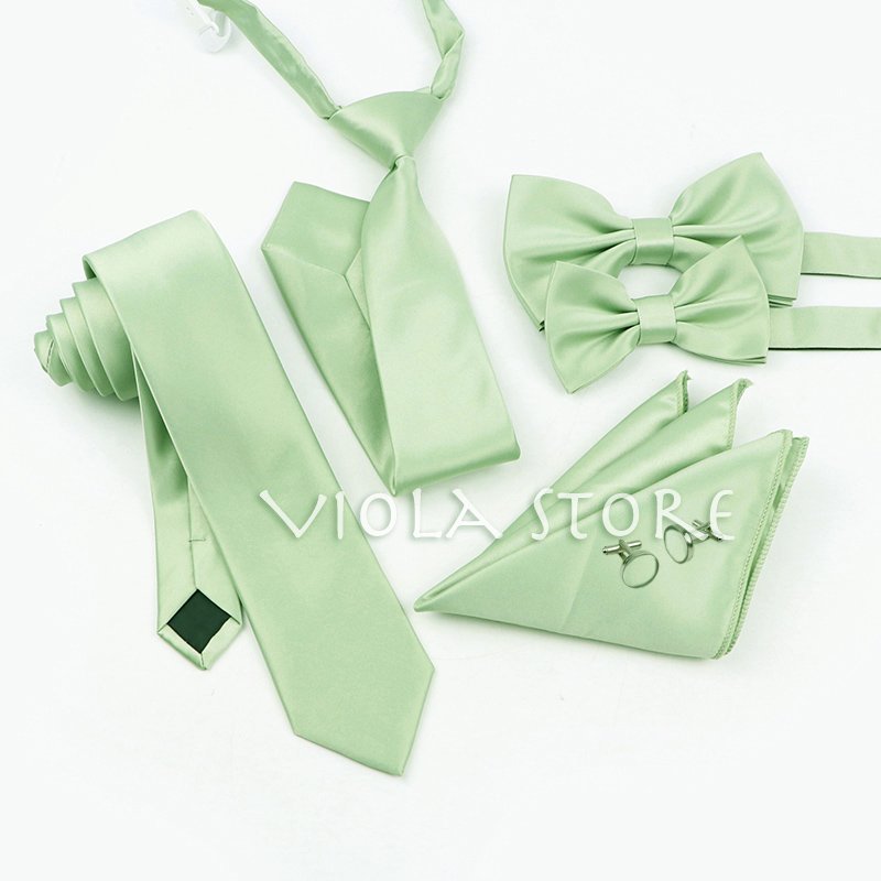 6 PCS Top Hot Color Green Pink Blue Polyester Solid 6cm Tie Set Men Kids Wedding Bowtie Hankie Party Gift Cravat Shirt Accessory