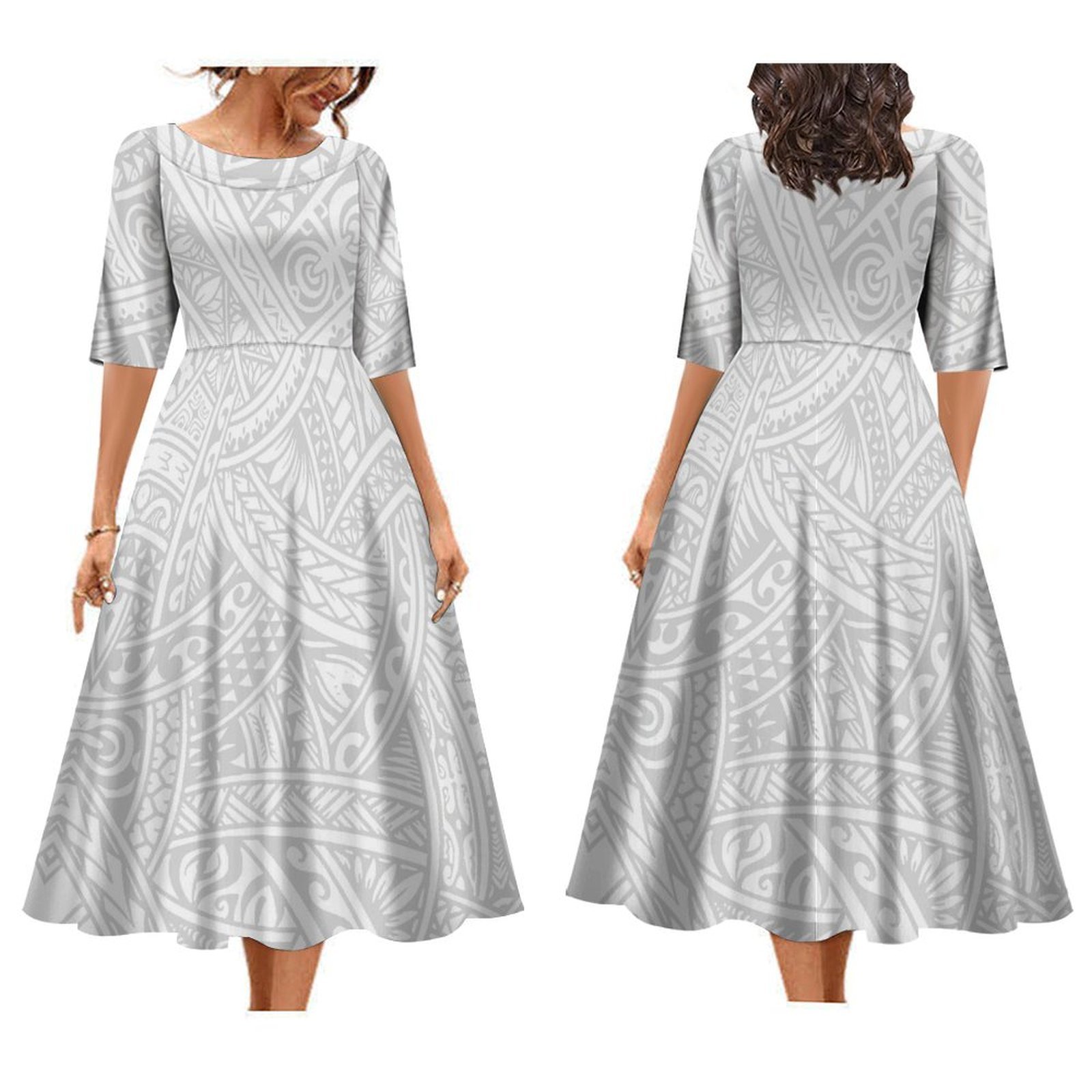 New Custom Mother's Day Gift Female Long Pleated Swing Party Dresses White Design Polynesian Tribal Plus Size Womens Dresses 8XL