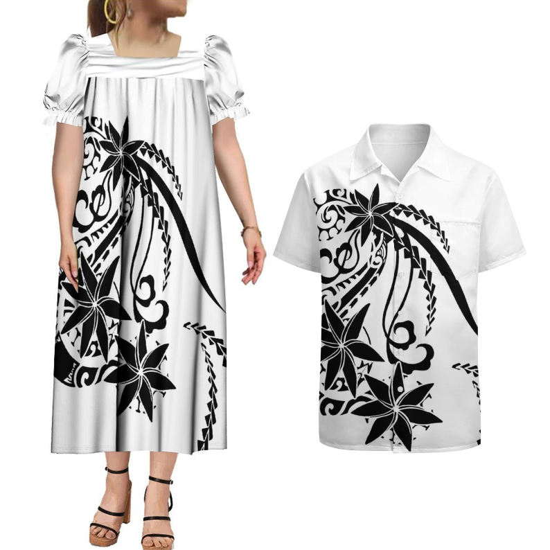 Tapa Polynesian Tribal Design Micronesia Mumus Dress Matching Men Shirts Traditional Clothing Midi Dress Couple Clothes 2pcs
