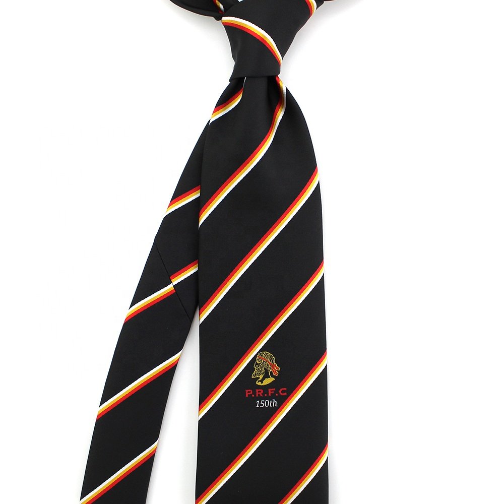 China Wholesale Mens Tie Microfiber Polyester Red Black Striped Custom Woven Anniversary Soccer Club Customised Neckties For Men