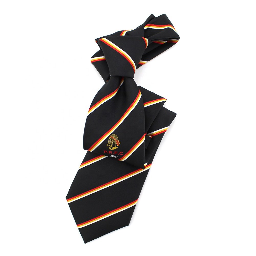 China Wholesale Mens Tie Microfiber Polyester Red Black Striped Custom Woven Anniversary Soccer Club Customised Neckties For Men