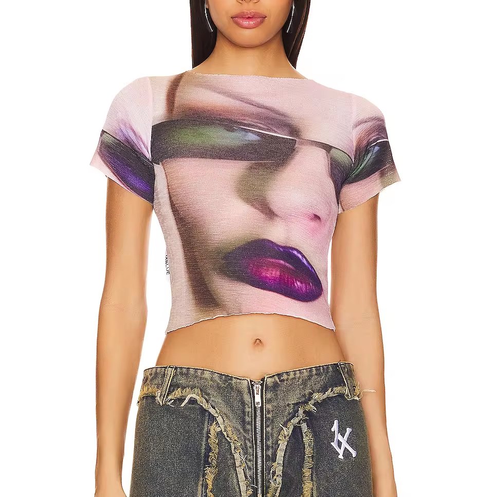 Custom Thermal sublimation graphic pattern printed fashion crop top mesh breathable skinny top short sleeves t-shirt