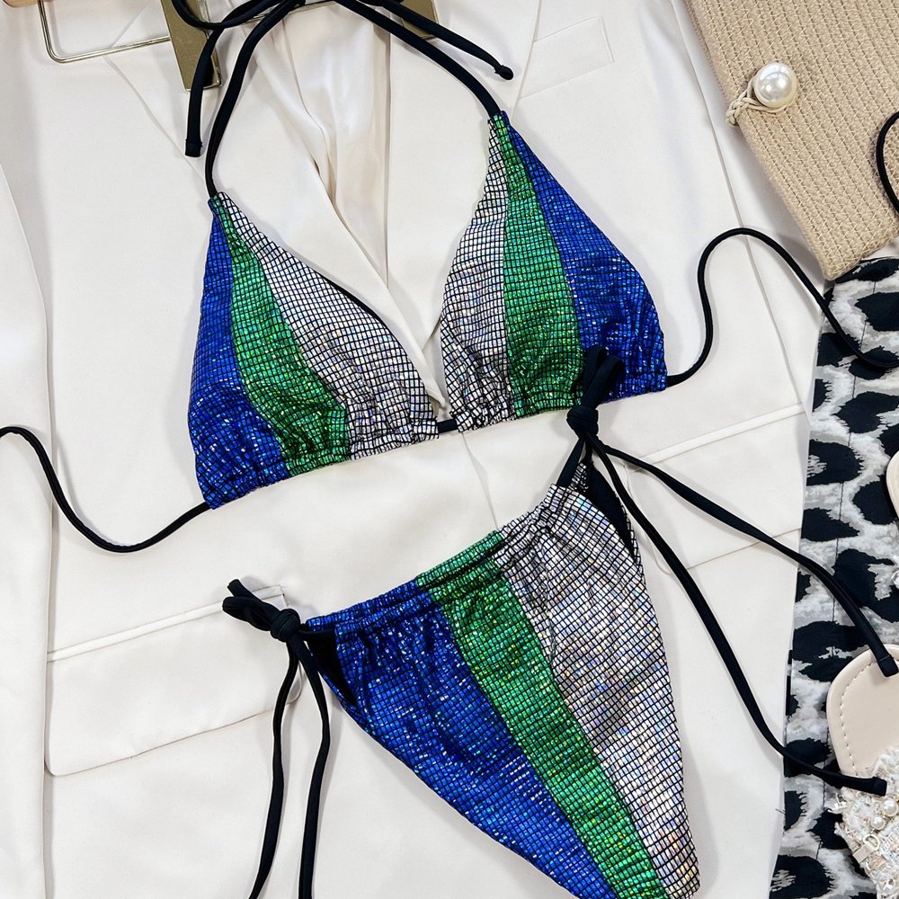 Women's Triangle Swimsuit Halter String Bikini Sets High Cut Tie Side Bathing Suit Party Beach Patchwork Swimwear