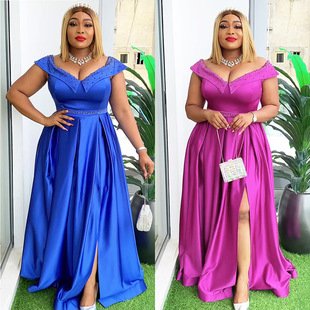 African Plus Size Women's Evening Dress Long Dress European and American V-neck Beaded Dress